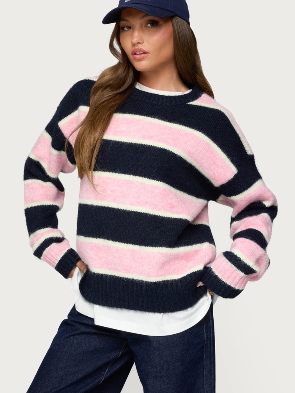 Edikted Conrad Striped Sweater Navy Pink Oversized Knit Pullover